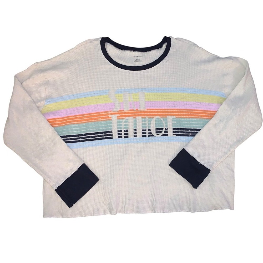 Anthropologie‎ Ski Tahoe Waffle Knit Thermal Top XL Cropped Retro Graphic Tee